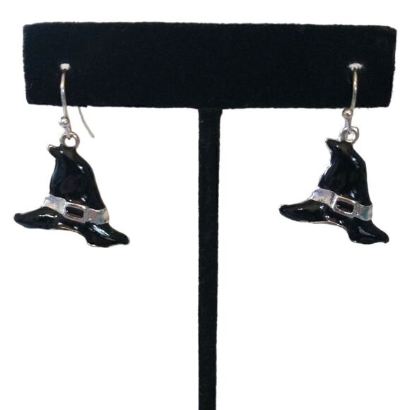 Halloween Earrings Dangle Silver Tone Black Enameled Witch Hat Witchy Witchcore. - Picture 3 of 16